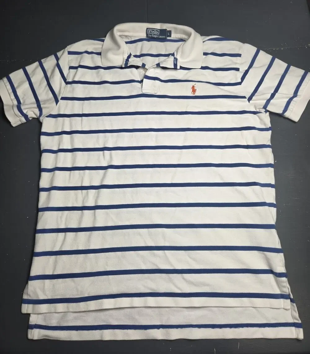 Polo Ralph Lauren Mens Large White Blue Striped Pony Polo Shirt Cotton Classic